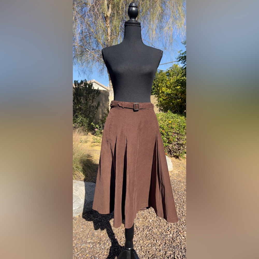 Vintage Intuitions Liz Claiborne Brown Corduroy Midi Belted ALine Skirt 6 Preppy